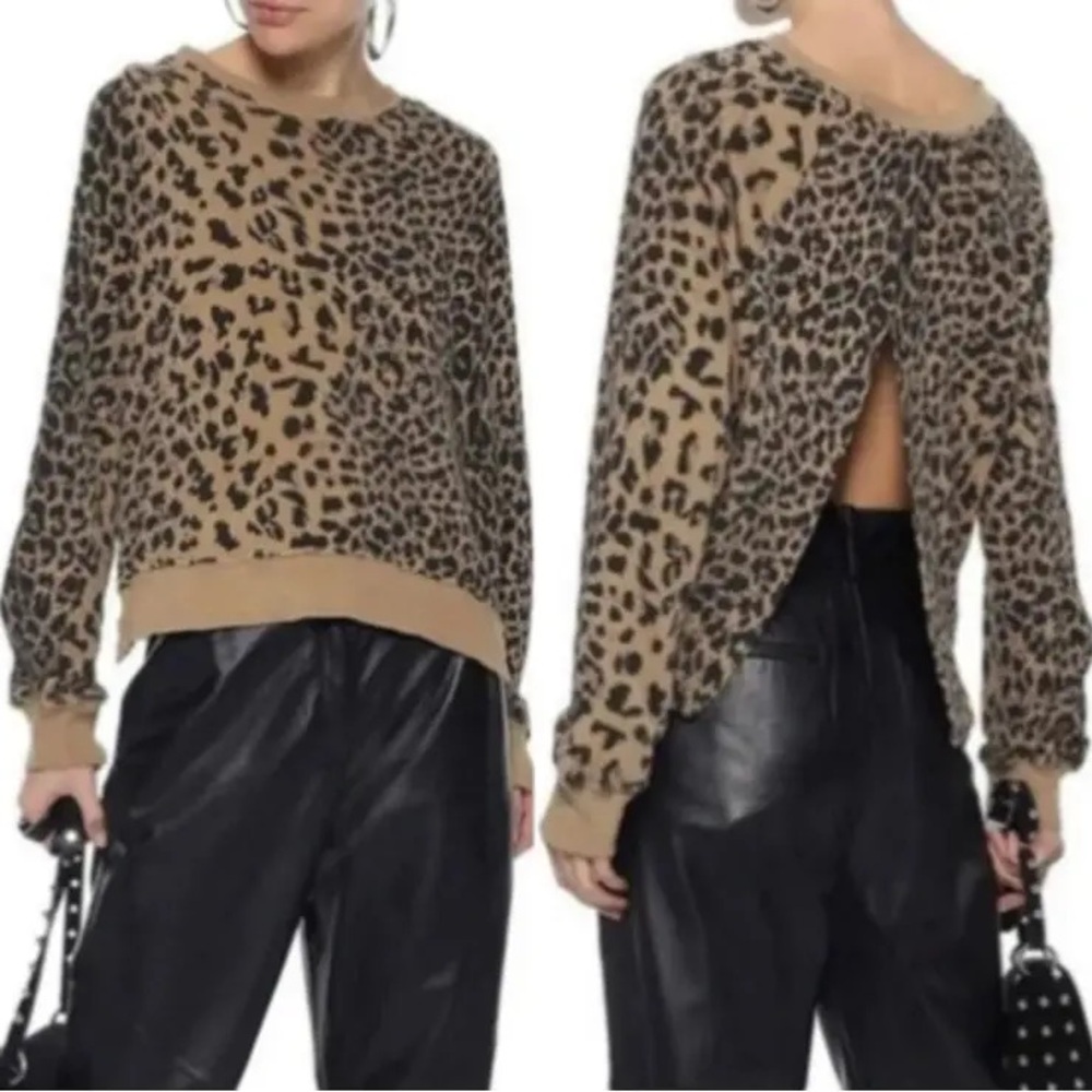 Current/Elliott Leopard Crew Neck Sweater Sweatshirt French Terry Open Back